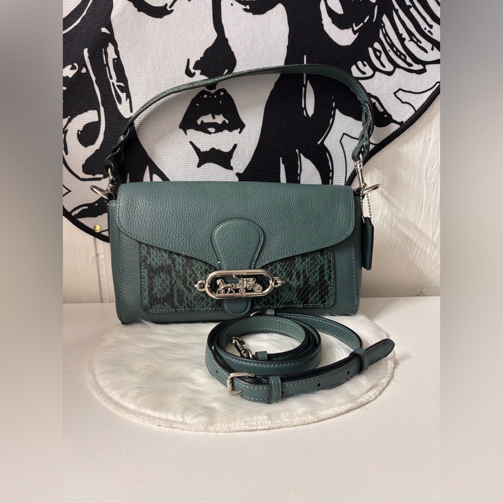 Coach Jade Shoulder Bag snake and pebbled leather in emerald green